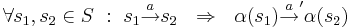 \forall s_1, s_2 \in S ~:~ s_1 \overset{a}{\rightarrow} s_2 ~~ \Rightarrow ~~ \alpha(s_1) \overset{a}{\rightarrow}' \alpha(s_2)